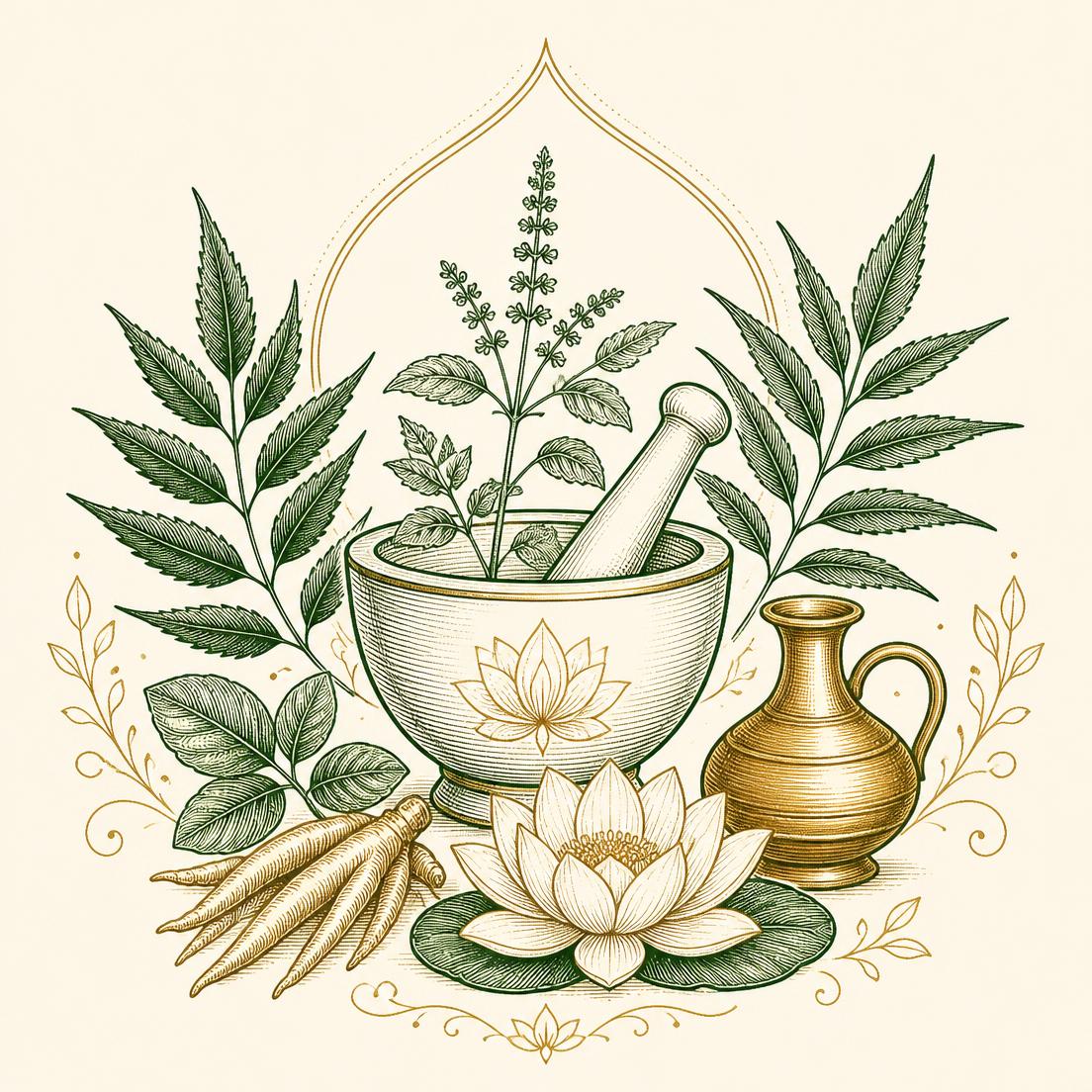 Line illustration of Ayurvedic herbs, mortar and pestle, brass vessel and lotus