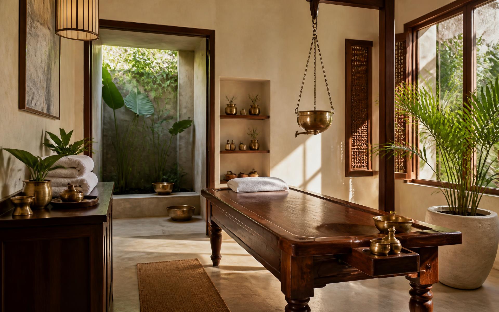 Sunlit Ayurvedic therapy room with a wooden treatment table, brass vessels and plants