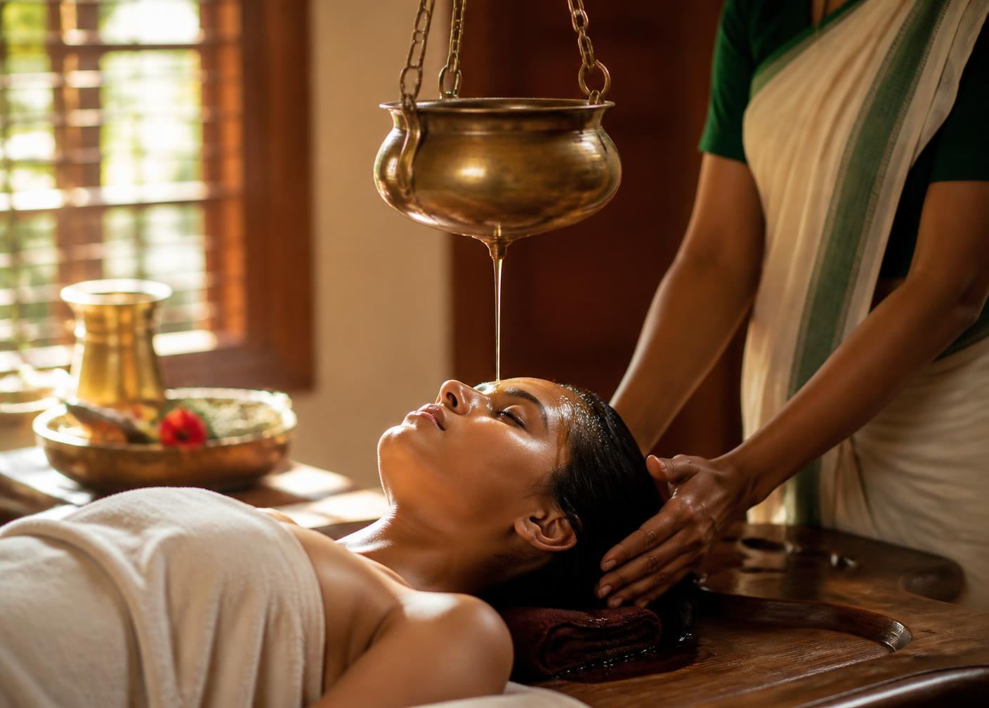 Warm medicated oil flowing in a continuous stream from a brass vessel onto a patient's forehead during Shirodhara