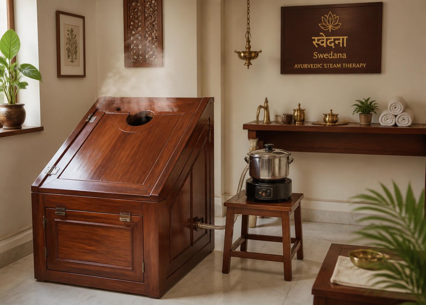 Traditional wooden Ayurvedic Swedana herbal steam chamber with steam rising in a clinic