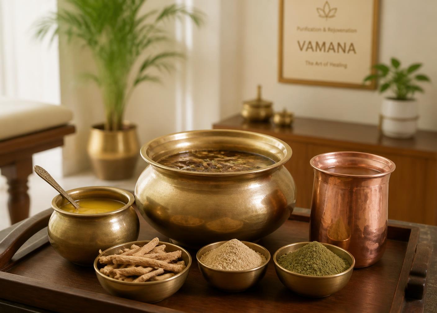 Brass vessels of medicated herbal decoction, ghee and herbal powders prepared for Ayurvedic Vamana therapy